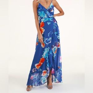 Lulu’s Royal Blue Ruffled High-Low Floral Dress